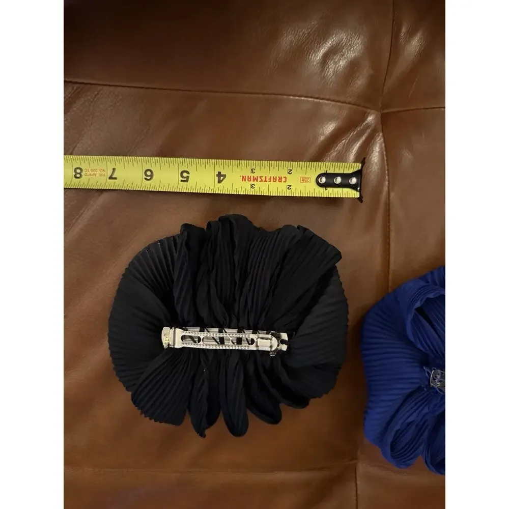 Vintage Hair Barrette Bow Ruffle 1980’s Oversized Set Of 2 Blue Black